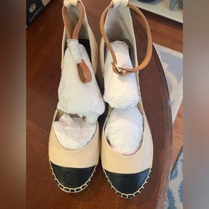 NEW Tory Burch Color Block 85MM Wedge Espadrille Cream/Perfect Black 10.5